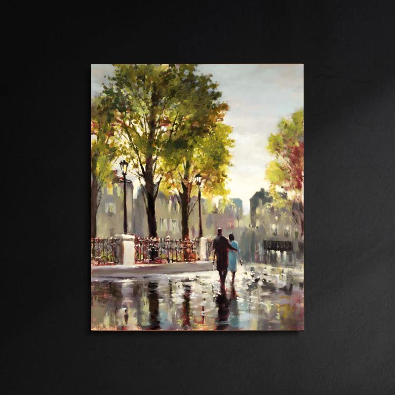 Framed - Modern Street Couple Printed Canvas Wall Art Poster - Abstract Architecture Multiple Scene Display Wall Art - Including Hanging Hardware