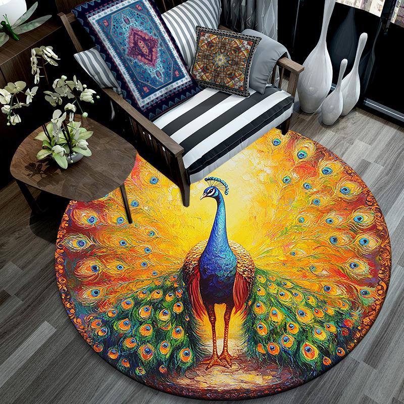 Peacock Round Area Rug,Carpet Rug for Living Room Bedroom Sofa Playroom Decor,Non-slip Floor Mat