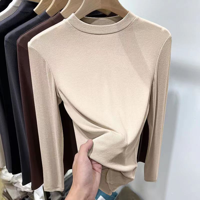 Herbst Winter Neue Modische Stilvolle Deutscher Samt Stehkragen Innen Weiß Basis Hemd Damen Slim Fit Langarm T-Shirt Top