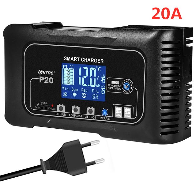 HTRC 20A/25A Car Battery Charger High Power Smart Charger for Lithium LiFePO4 AGM GEL Lead-acid Battery 12V 24V Charger for Car 20A EU PLUG