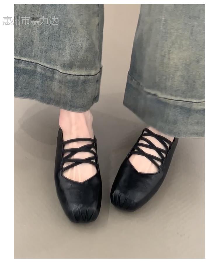 Sheepskin~ French square head cross strap Mary Jane shoes spring and autumn flat-soled single shoes women's shallow mouth soft-soled ballet shoes