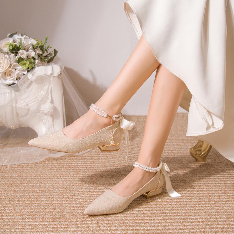 French Pointed Bridesmaid Shoes Thick Heel Wedding Shoes Female Bride High Heel Mary Jane Autumn Evening Breeze Gentle Single Shoes