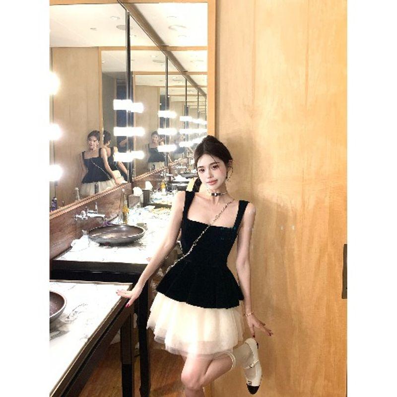Kumikumi Fashion Set Black Square Collar Cami Women Summer High Waist Slimming Half-Length Two piece skirt
