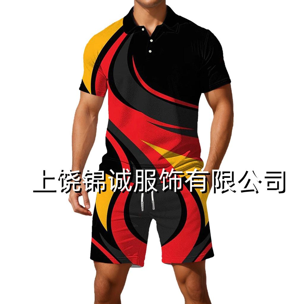 Temu hot-selling European and American fashion new color matching 3D digital printing men's lapel short-sleeved Polo shirt set
