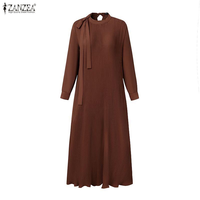 ZANZEA Women Casual Round Neck Loose Long Sleeve Pleated Long Dress