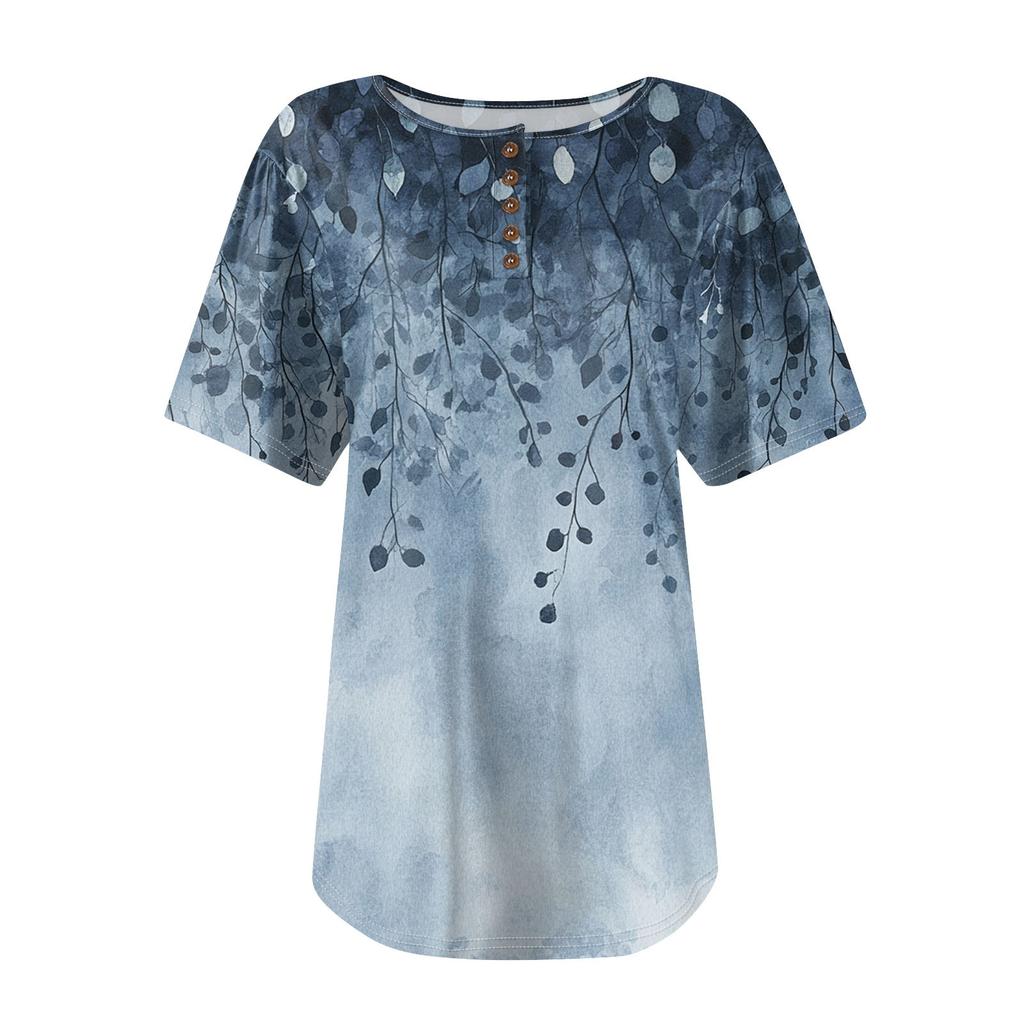 Women's Fashionable Casual Short Sleeve Button Floral Print Round Neck Pullover Top