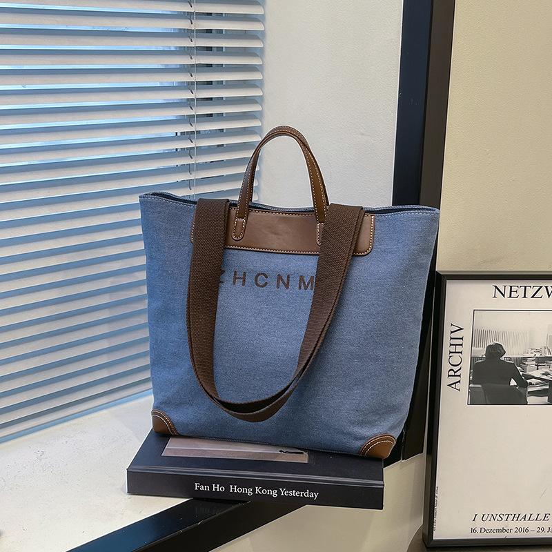 

Холщовая сумка большой вместимости, женская новая простая и универсальная наплечная сумка, сумка-тоут для занятий для студентки синий