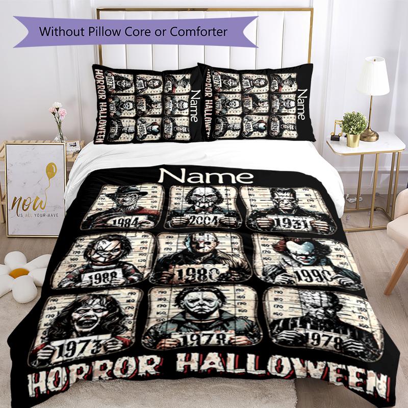 3pcs Custom Name Cartoon Horror movies Bedding Set Duvet Cover Closure Includes 1 Duvet Cover & 2 Pillowcases for All Seasons Bedroom Decor