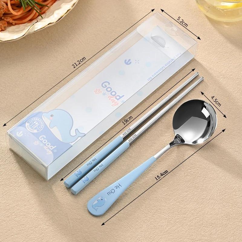 1Pcs Portable Cutlery Set Stainless Steel Cute Cartoon Animal Pattern Handle Spoon Chopstick with Box Travel Student Dinnerware Set