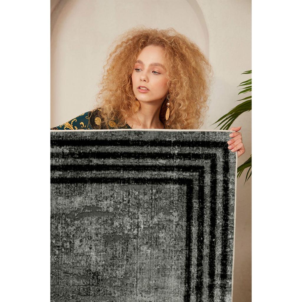 Decorative Non-Slip Base Anthracite Border Pattern Living Room Carpet Special Design, Thin, Washable Carpet
