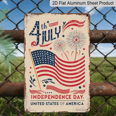 2D Flat Vintage 4th of July Independence Day Aluminum Wall Art Sign - Patriotic American Flag Design with Fireworks & Stars, Rustic Home Decor for