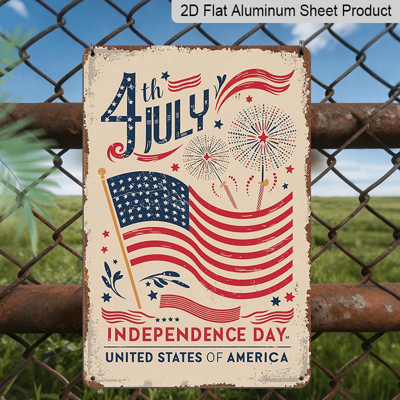 2D Flat Vintage 4th of July Independence Day Aluminum Wall Art Sign - Patriotic American Flag Design with Fireworks & Stars, Rustic Home Decor for