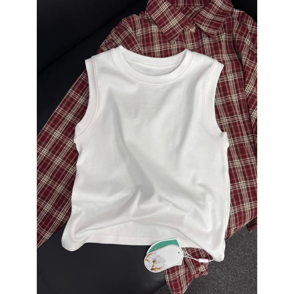 White sleeveless suspender outer wear cover breasts round neck I-shaped vest women's spring summer Korean version with bottoming shirt top