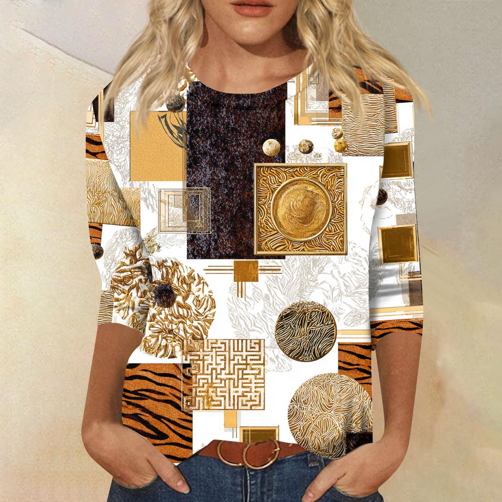 Women's Fashion Casual Round Neck Three-quarter Sleeve Retro Floral Print T-shirt Top