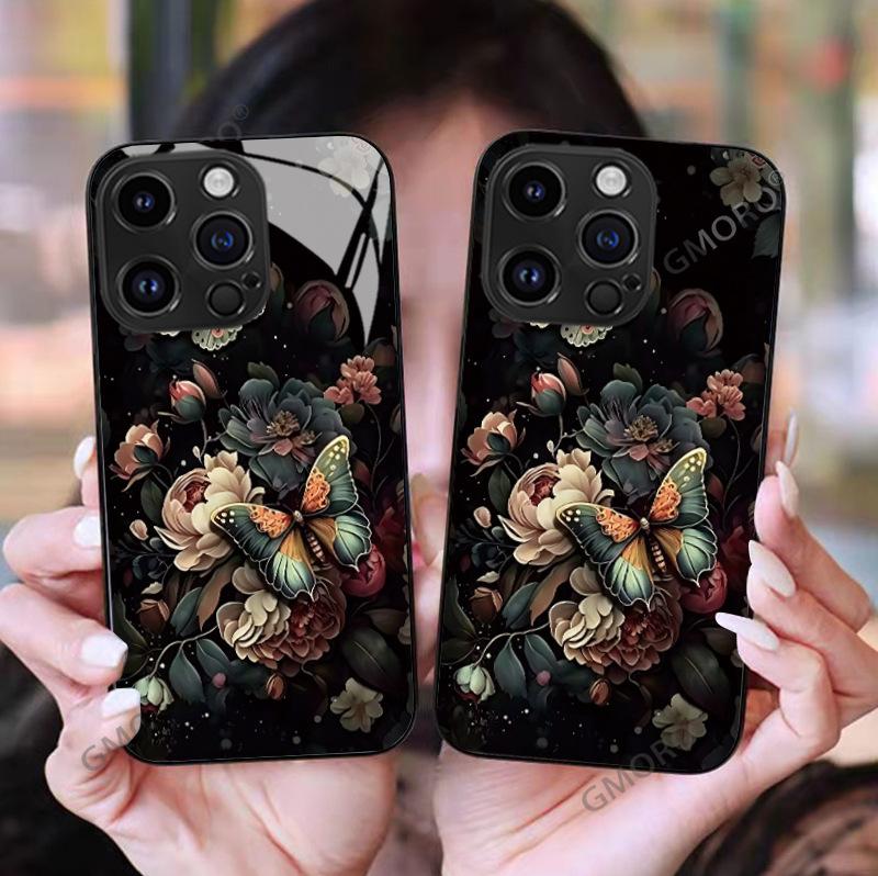 Light Luxury Retro Oil Painting Flower Butterfly Apple 16e Mobile Phone Case Glass iPhone17pro Hard Case Protective Case