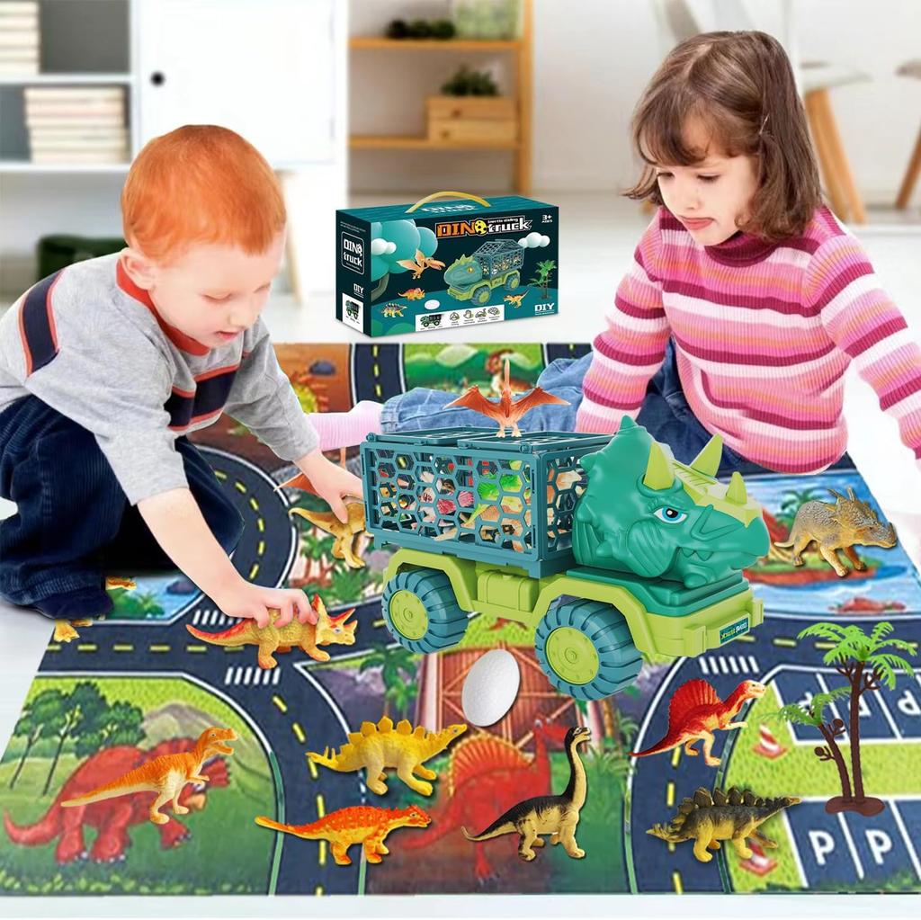 Large Dinosaur Truck Toys for Kids Jurassic Tyrannosaurus Rex Transport Car Carrier Truck with Dino Figures Eggs for Boys Girls