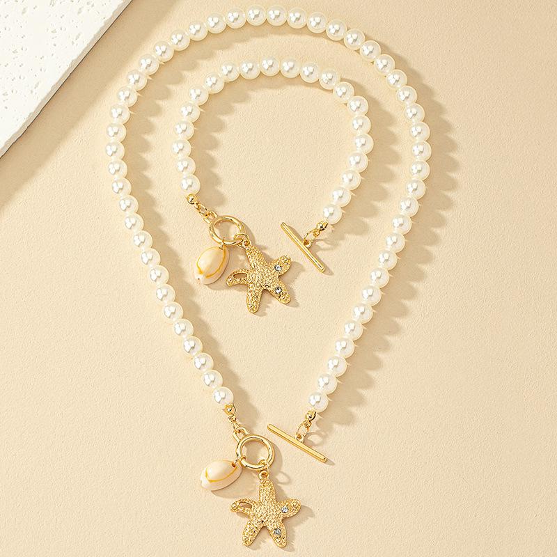 

Модный европейско-американский набор жемчужных браслетов и ожерелий: Цепочка на ключицу «Морская звезда и ракушки»