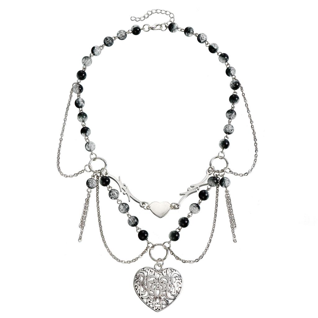 Accessories, Design Double-Layer Beaded Tassel Exaggerated Love Peach Heart Pendant Necklace Female Versatile