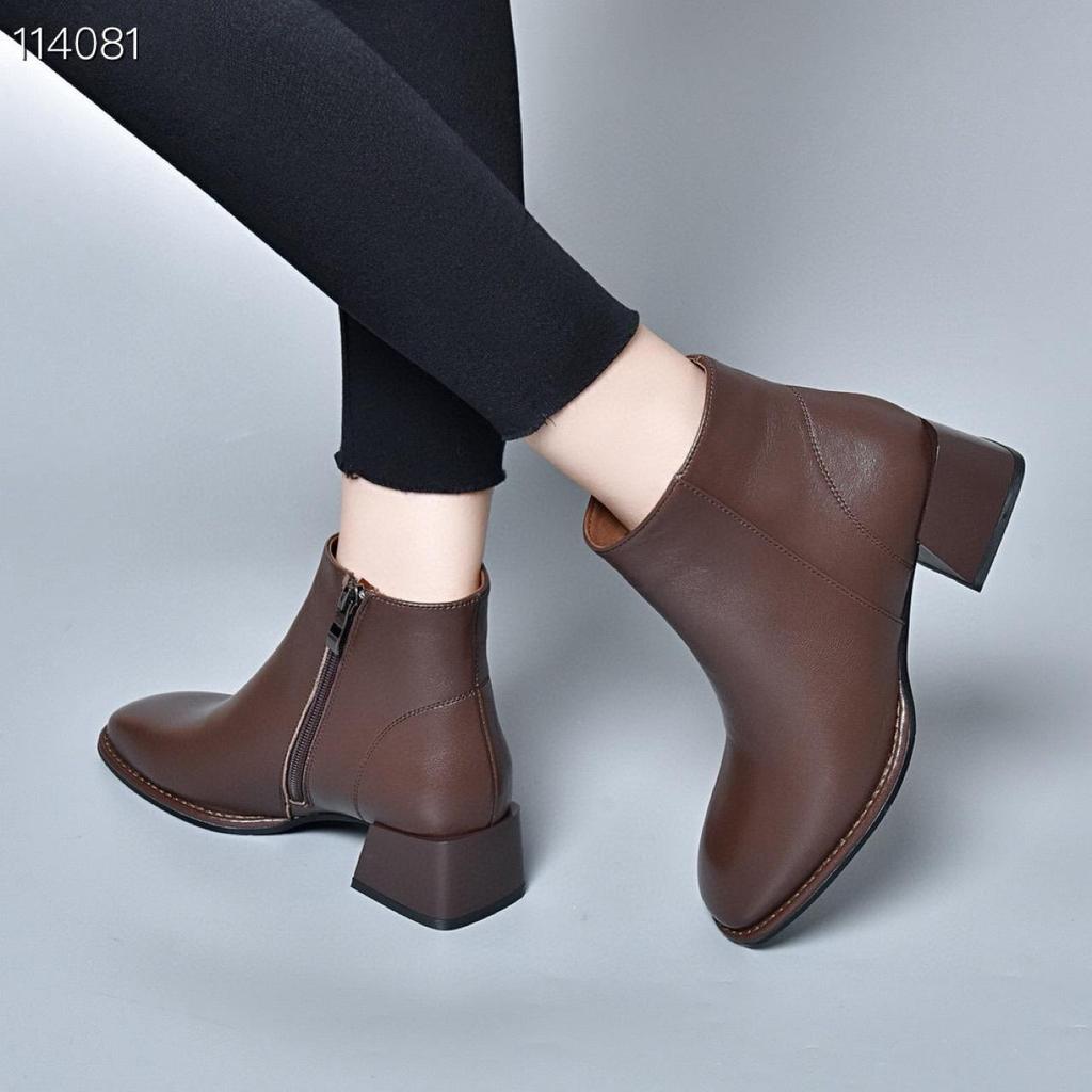 Women's Genuine Leather Pointed Toe Ankle Boots, Medium Chunky Heel, Nude & Coffee, Side Zipper, for Spring, Autumn, and Winter.
