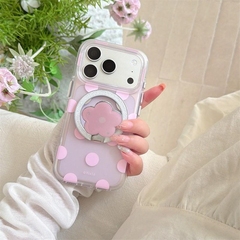 Magnetic Snap-on Phone Case With Flower Stand IPhone 18 Pro Max 17 16 15 Soft Silicone Cover Anti-Drop Polka Dot Design In