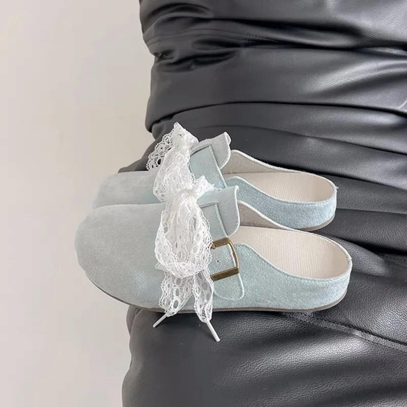 Fashion National Style French Lace Bow Baotou Half Slippers for Women's Outward Wear 2025 Summer New Platform Cool Mop