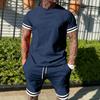 New Summer Men's Minimalist Striped Printed Comfortable and Breathable Round Neck T-shirt Shorts Set for Outdoor Casual Wear