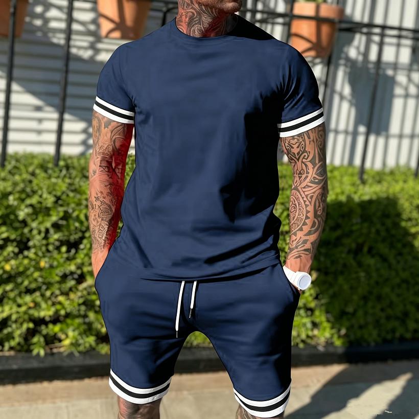 New Summer Men's Minimalist Striped Printed Comfortable and Breathable Round Neck T-shirt Shorts Set for Outdoor Casual Wear