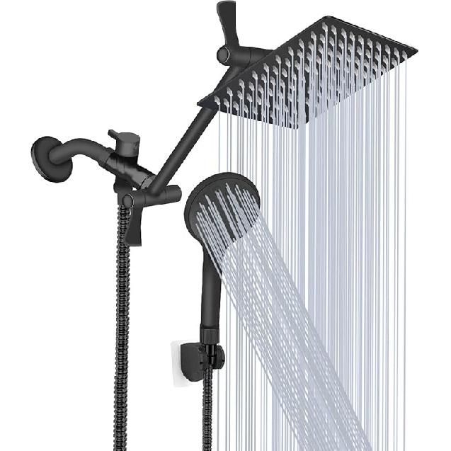 Shower Head, 8‘’ High Pressure Rainfall Shower Head/Handheld Shower Combo with 11 Extension Arm, 9 Settings Anti-leak Shower Head with Holder, 8 inch - Matte Black