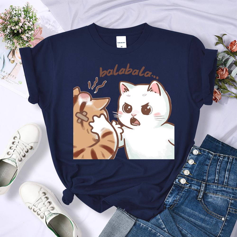 Summer Fun Two Cats Arguing 3D Printed Female T-Shirt Summer O-Neck T Shirt Womens Fashion All-Match Clothing Soft Hip Hop Sportswear