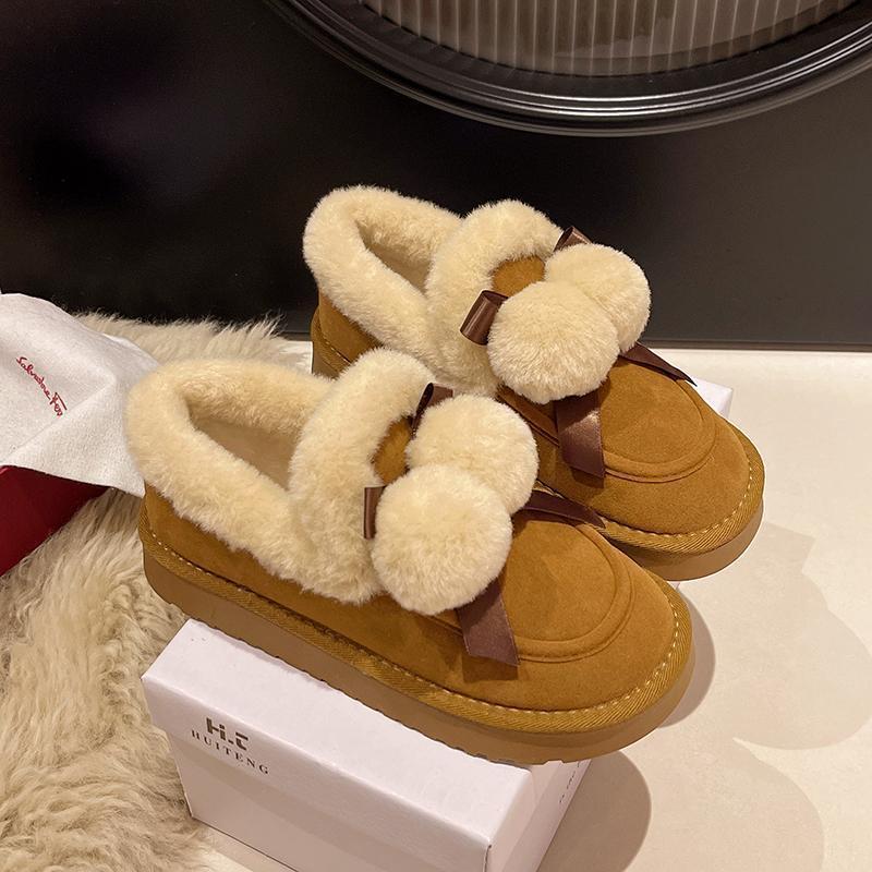 Women's Large Size Hairball Decoration Soft Sole Winter Warm Fur Snow Boots Padded Lined Ankle Boots Non-Slip Hiking Casual Sports Cotton Boots