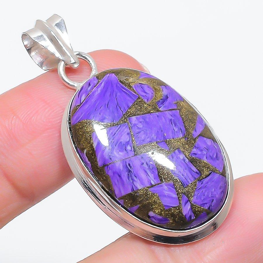 Natural Copper Charoite Gemstone 925 Sterling Silver Jewelry Pendant 1.77" U2b12
