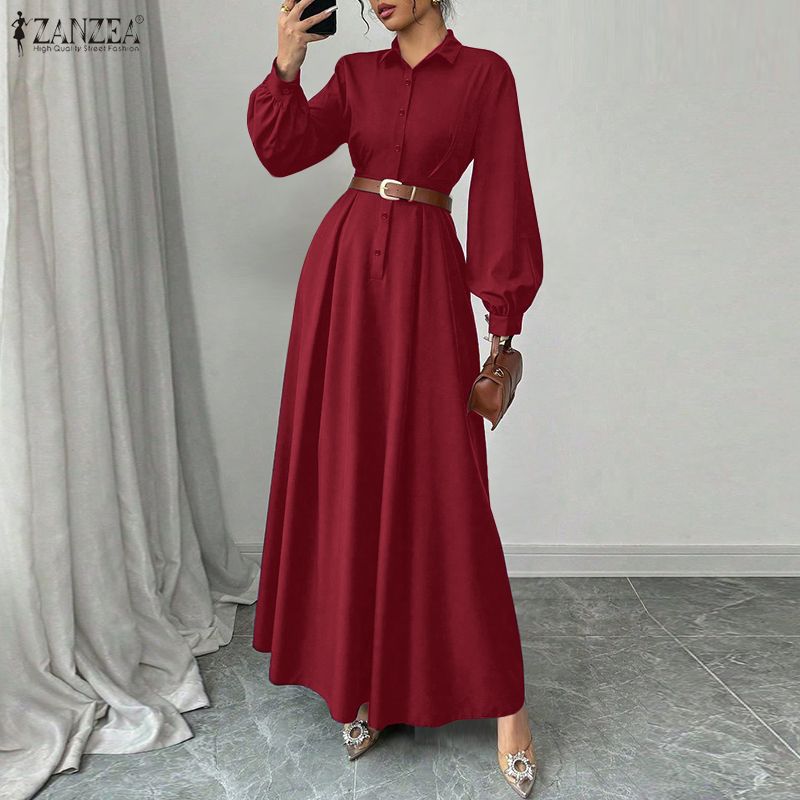 ZANZEA Rochie Lungă Elegantă Casual pentru Femei cu Guler Revers și Mâneci Lungi