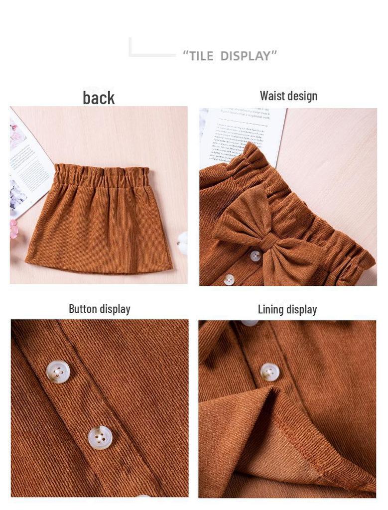 2024 Spring/Autumn Girls' Corduroy Bow Skirt - Solid Color, Single-Breasted, Fashionable.