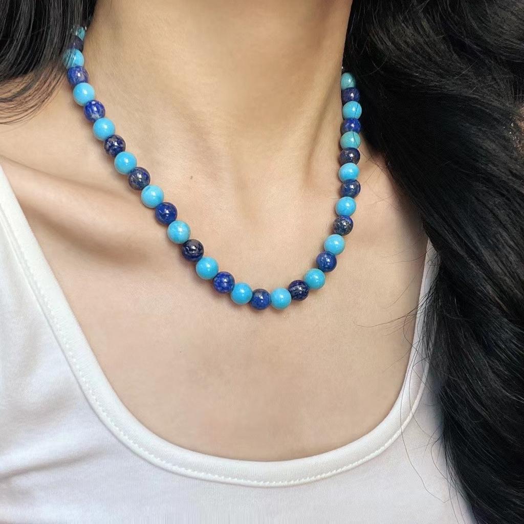 Retro Antiek Natuurlijk Lapis Lazuli Contrasterende Kleur Kunstmatige Turkoois Gemengd En Gematched Blauwe Sleutelbeen Ketting Ketting