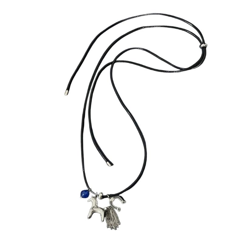 Lightweight Horse Charm Tassels Necklace Stylish Wax Rope Neck Chain Stylish Neck Jewelry Gift For Sister Best Friend