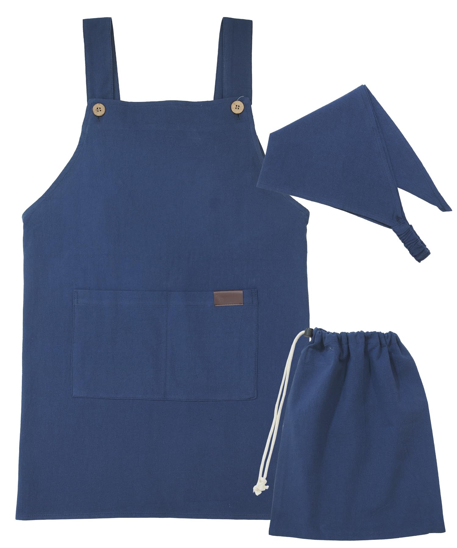 

ON NISHIKI Kids Apron Set 3-Piece Cotton Navy Apron Triangle Bandana Drawstring Bag Skin-Friendly Lightweight Elementary School with Pocket 3/120-140