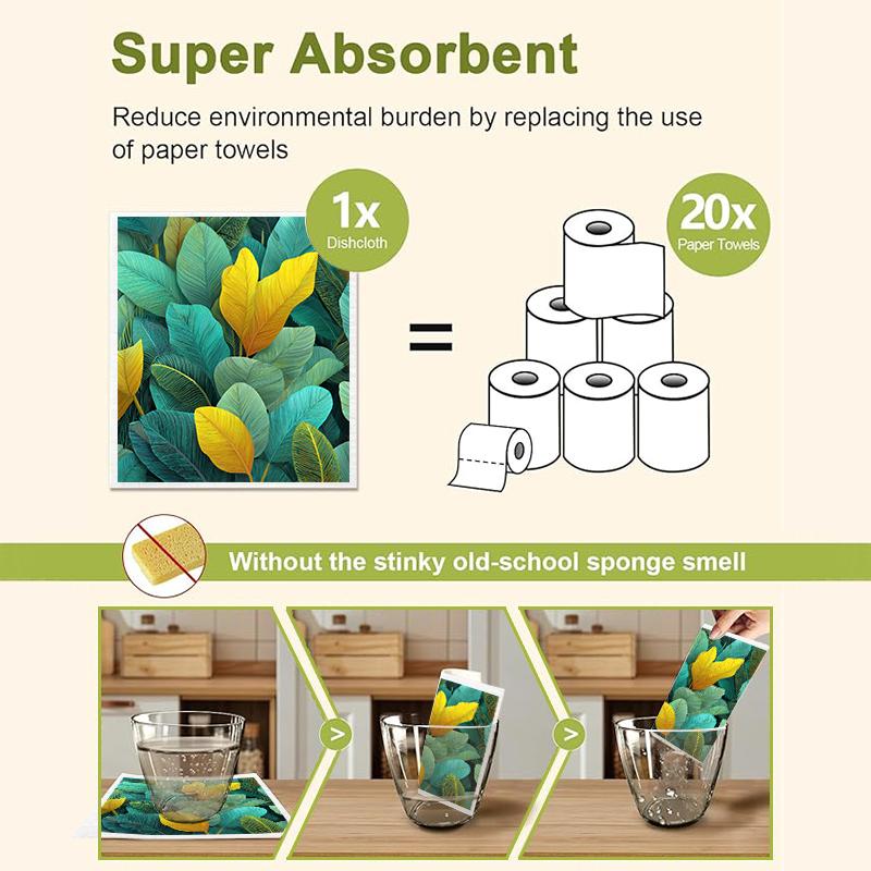 6PCS Green Leaves Printed Swedish Dishcloths Eco-Friendly Kitchen Rags Absorbent Dish Towels Reusable Washable Cleaning Cloths