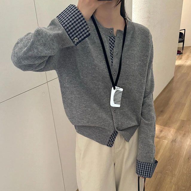 Women's Gray Plaid Fake Two-Piece Knit Cardigan - Lazy Korean Style, Loose Fit for Spring and Autumn.