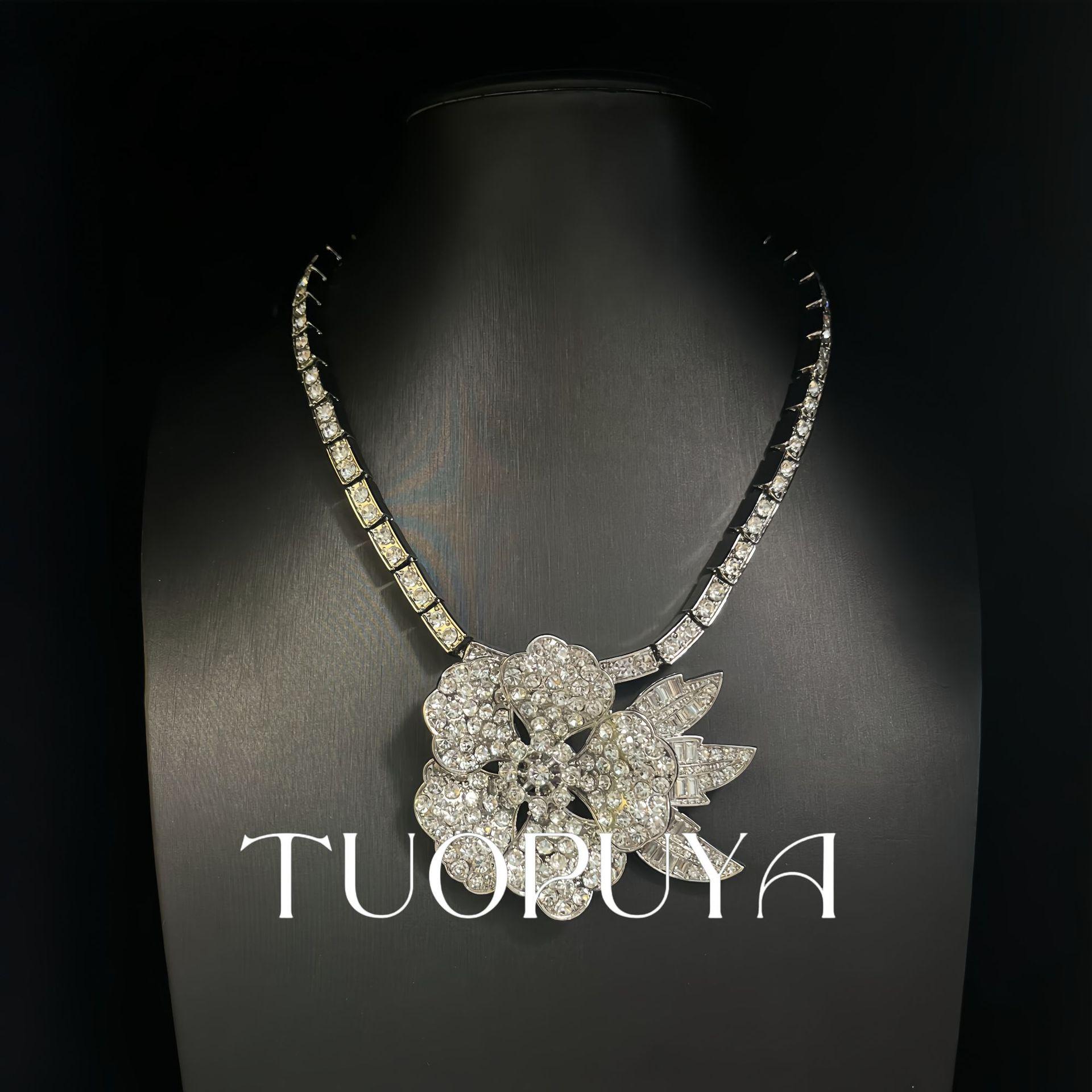 Elegant Silver & White Diamond Floral Brooch Necklace Set
