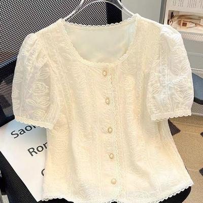 Bluse mit kurzen Ärmeln und Spitze im französischen Stil, Damenmode, schickes Oberteil, elegantes Freizeithemd