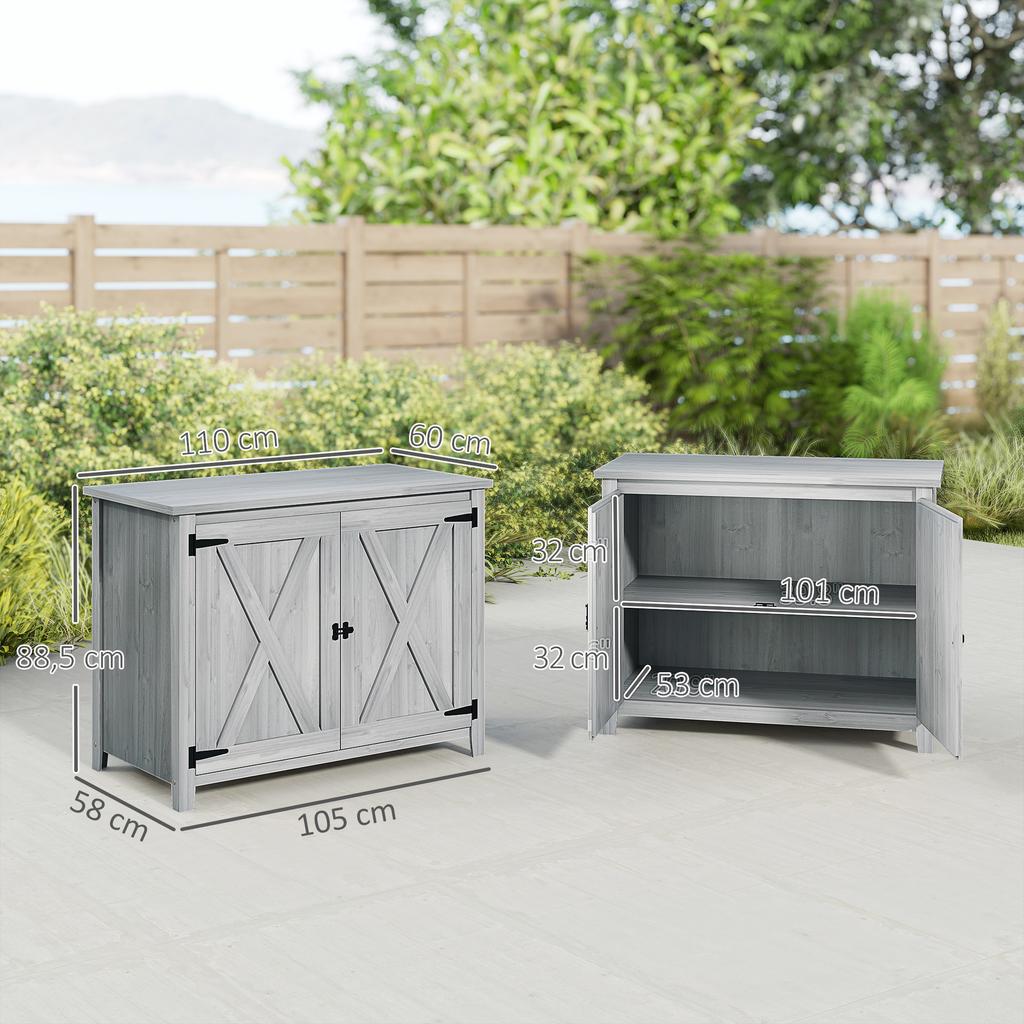 Wooden Garden Shed, Outdoor Fir Wood Storage Shed with Shelf and Double Doors, Light Grey