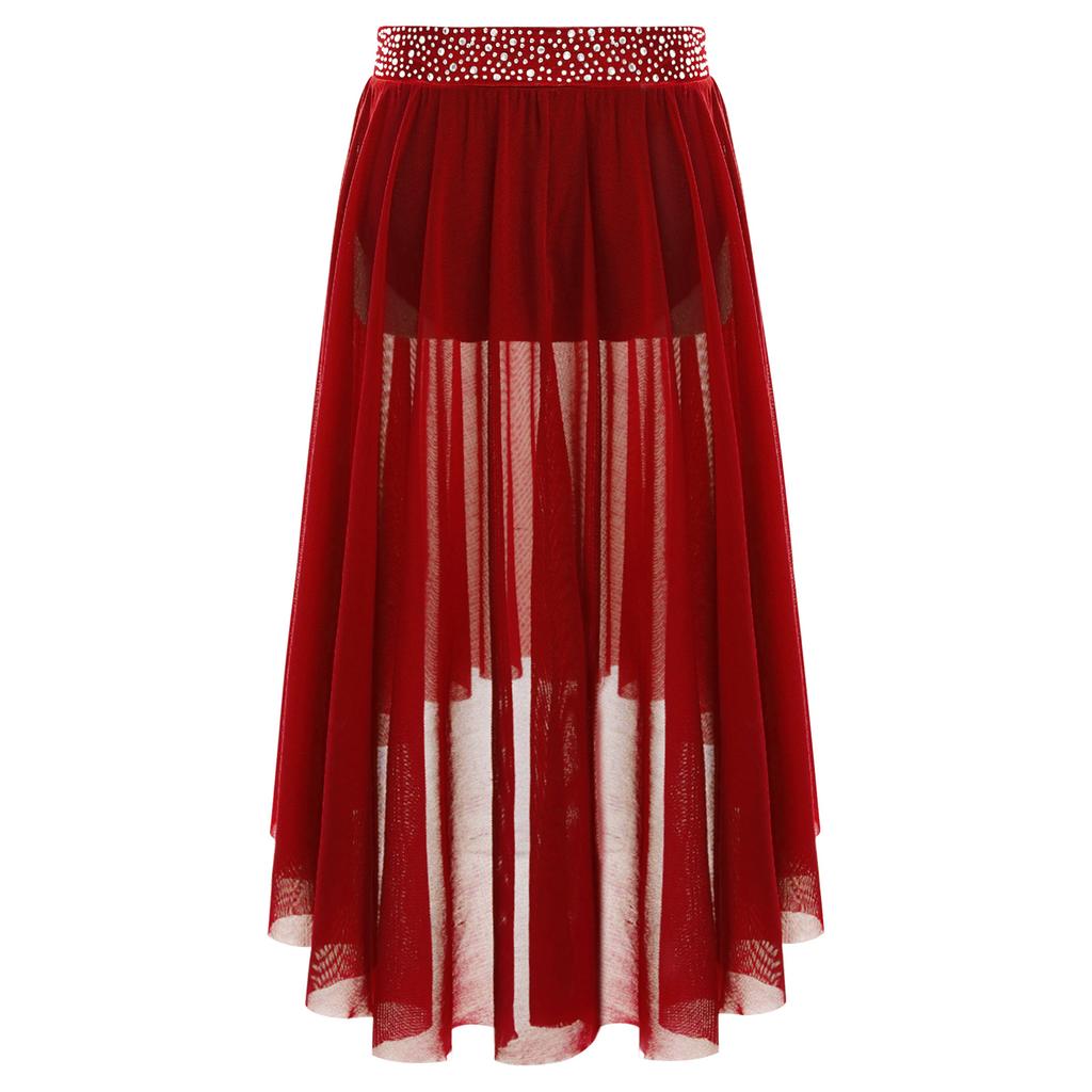 Girls Lyrical Contemporary Modern Dance Skirts Shiny Rhinestones Waistband Side Slit High Low Irregular Mesh Skirt Performance Costume