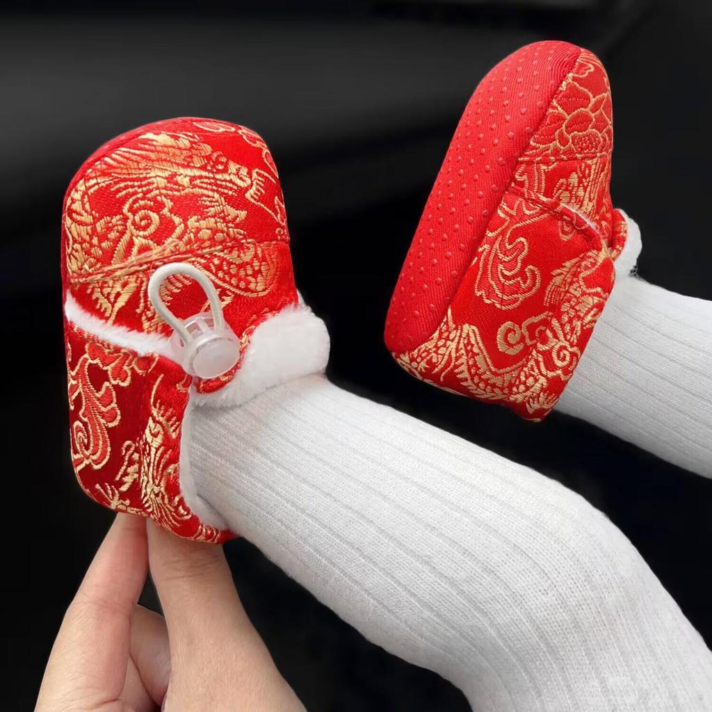 Chinese New Year Tiger Head Baby Shoes - First Birthday, Red & Warm for Winter Visits, Tang Suit Style