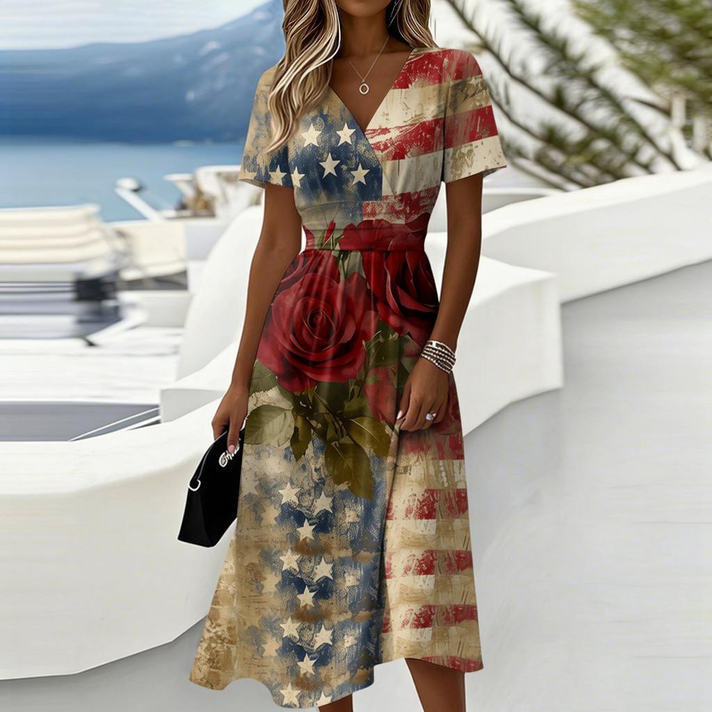 Women's Independence Day Print Casual Fashion Short Sleeve V-Neck Dress