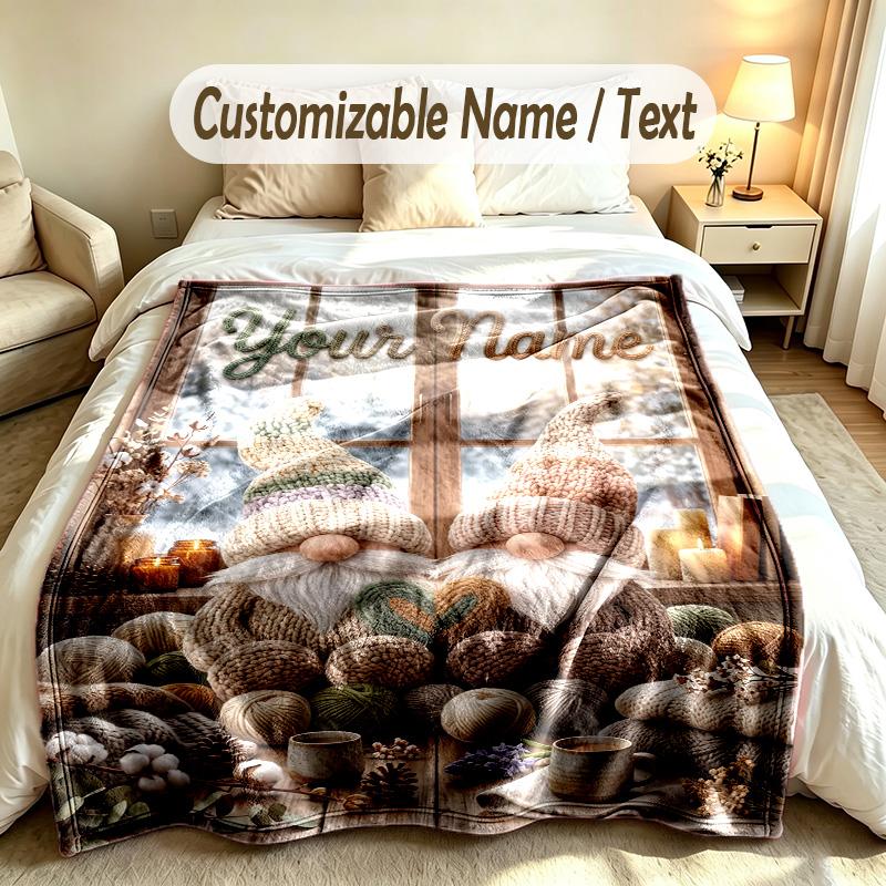 Gnome Theme Custom Blanket Personalized Name & Text Customized Soft Warm Throw Blanket Home Decor