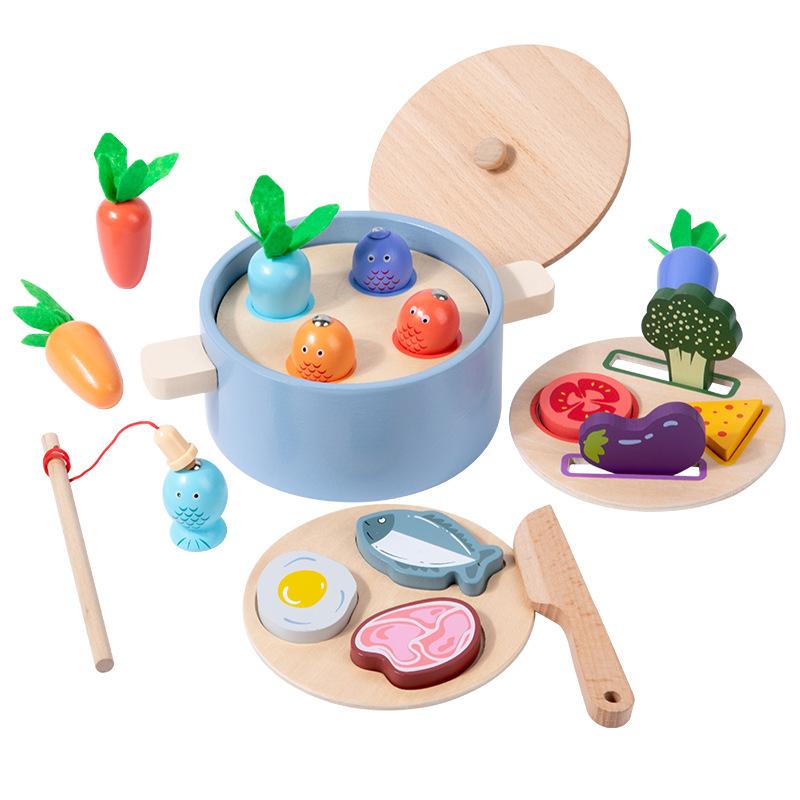 Wooden Children's Radish Pull Table Game Shape Pairing Checker Simulation Kitchen Pot Play House Toy