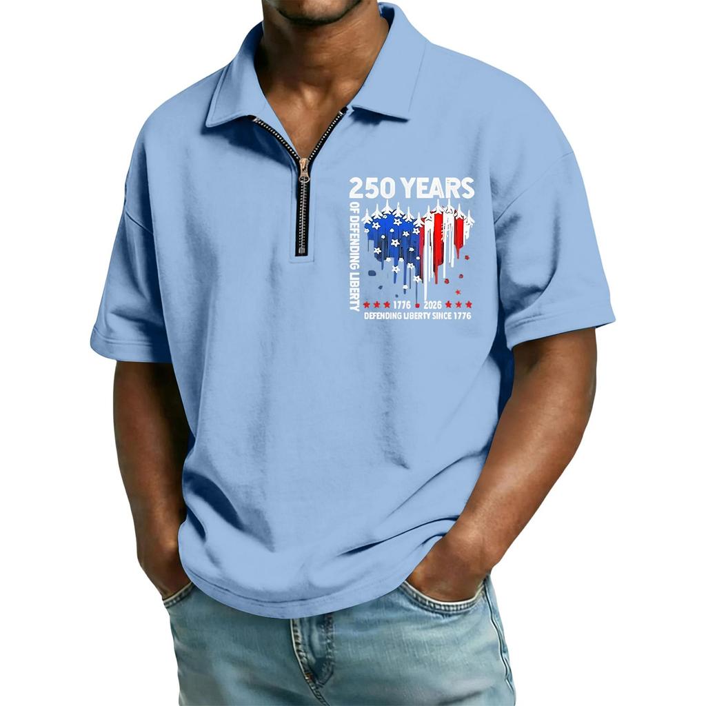 Men's Casual Loose Fit Polo Shirt Short Sleeve Top with Flag and Letter Print Suitable for Everyday Wear and Outdoor Activities