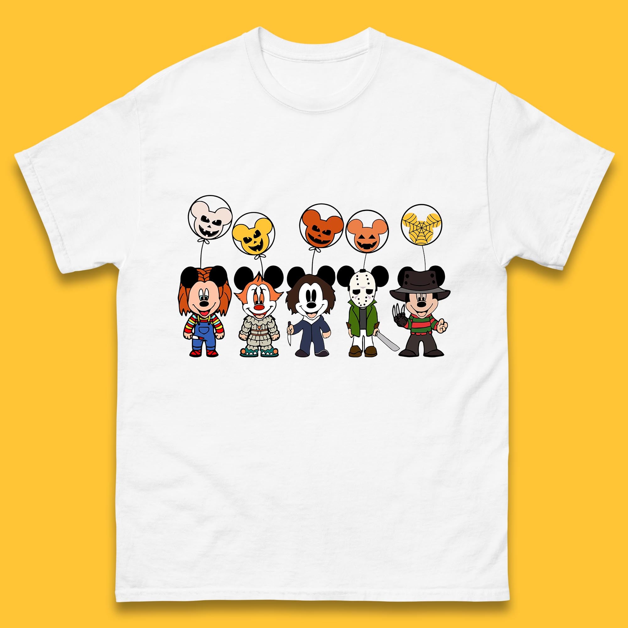 Disney Halloween Friends Horror Movie Characters Mickey Mouse Balloons Mens Tee Top 3XL
