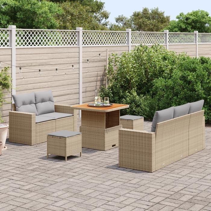 Ensemble de Canapés de Jardin de 8 pièces avec Coussins Beige en Rotin Poly Acacia, Ensemble de Salle à Manger de Jardin 3363507