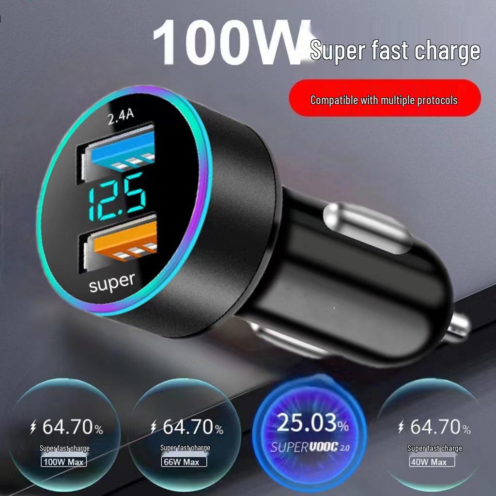 66W Fast Charging Car Charger with Digital Display and Metal Ring